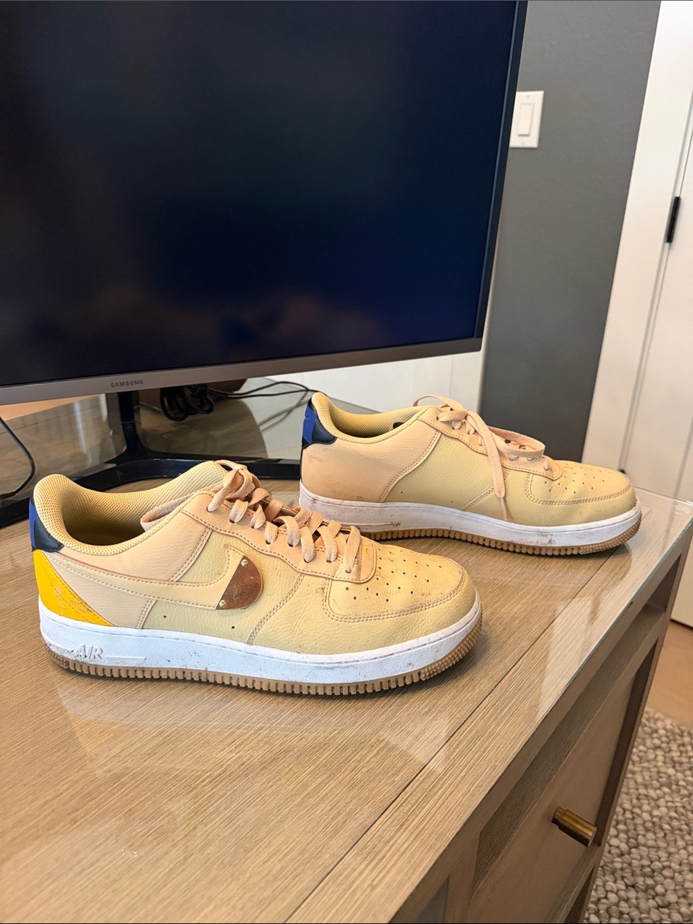 Nike Air Force 1 Low-Top Sneakers — Tan with Navy & Gold Accents & NBA detail